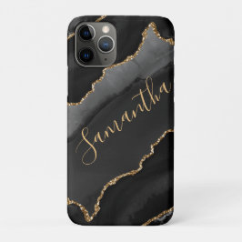 Capa Para iPhone 11 Pro Ágata Brilhante Falsa Preta e Dourada