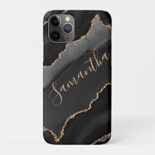 Capa Para iPhone 11 Pro Ágata Brilhante Falsa Preta e Dourada