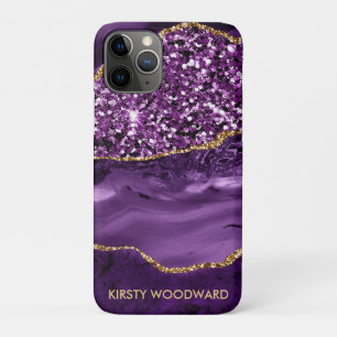 Capa Para iPhone 11 Pro Ágata Oceânica Brilhante Roxa e Dourada Elegante