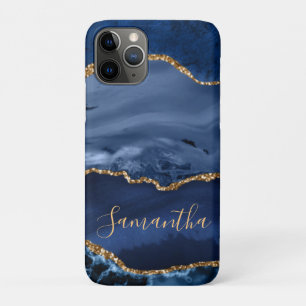 Capa Para iPhone 11 Pro Agato de mármore azul-marinho e azul-claro-Dourado