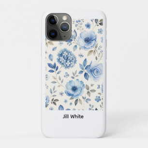 Capa Para iPhone 11 Pro Aquarela Branca Floral Azul