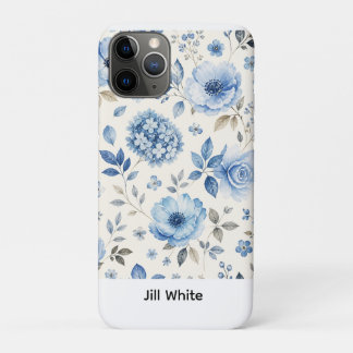 Capa Para iPhone 11 Pro Aquarela Branca Floral Azul