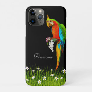 Capa Para iPhone 11 Pro Arara Tropical e Flores Brancas em Preto