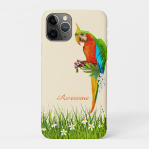 Capa Para iPhone 11 Pro Arara Tropical & Flores Brancas em Bege Claro