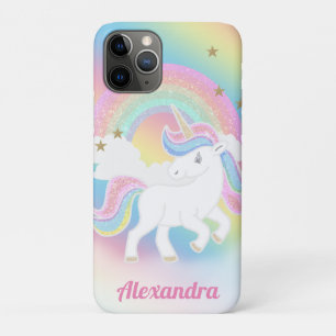 Capa Para iPhone 11 Pro Arco-íris de Brilho e Unicórnio com Nome Personali