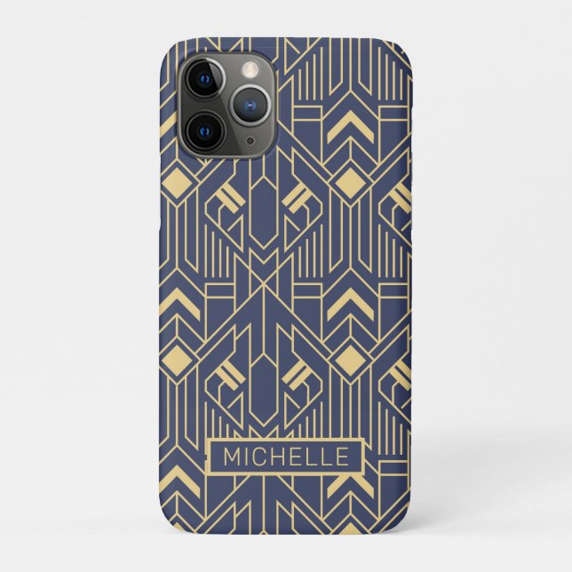 Capa Para iPhone 11 Pro Art Deco Azul Dourado Geométrico Nome Personalizad (Verso)