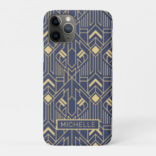 Capa Para iPhone 11 Pro Art Deco Azul Nome Geométrico Personalizado Doura