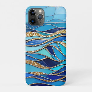 Capa Para iPhone 11 Pro Arte em Mosaico Azul e Dourado do Mar de Ondas