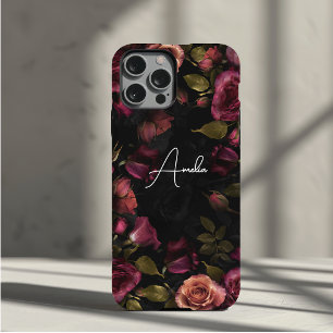 Capa Para iPhone 11 Pro Arte Floral Botânica Rosa Escuro Burgundy Elegante
