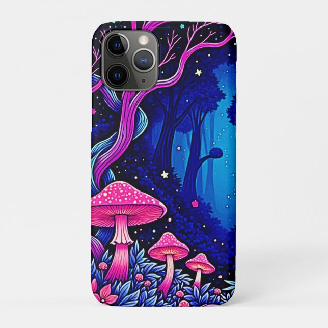 Capa Para iPhone 11 Pro Arte Floresta de Cogumelo Rosa Neon (Verso)
