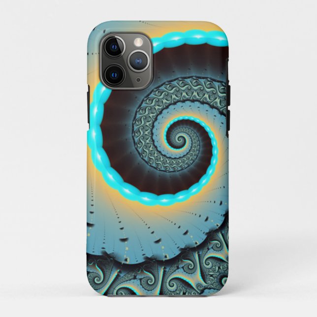 Capa Para iPhone 11 Pro Arte fractal espiral abstrata azul-turquesa laranj (Verso)