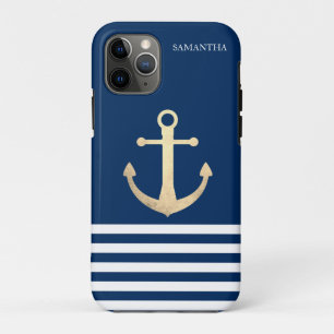 Capa Para iPhone 11 Pro Azul Marinho de Âncora, Dourado, náutico, com risc