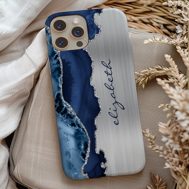 Capa Para iPhone 11 Pro Azul Naval Moderno Prata Ágata Metálico (Criador carregado)