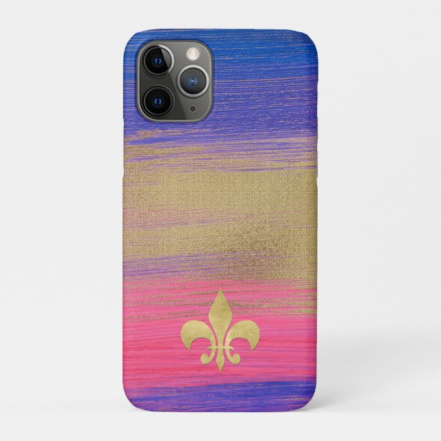 Capa Para iPhone 11 Pro Azul, PInk, Canvas pintada Dourada com Fleur de li (Verso)
