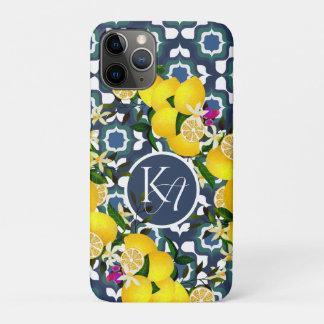 Capa Para iPhone 11 Pro Azulejos Mediterrâneos Limão Azul Naval Branco