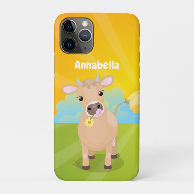 Capa Para iPhone 11 Pro Bela e feliz cartoon de vaca e de nascente (Verso)