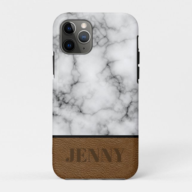 Capa Para iPhone 11 Pro Belo design de mármore e couro sintético com nome (Verso)