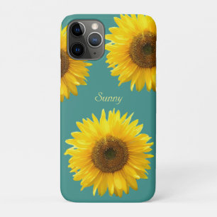 Capa Para iPhone 11 Pro Belos Girassóis em Azul Turquesa