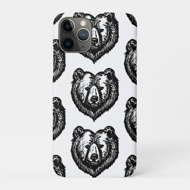 Capa Para iPhone 11 Pro Black and White Bear's Face Ink Drawing (Verso)