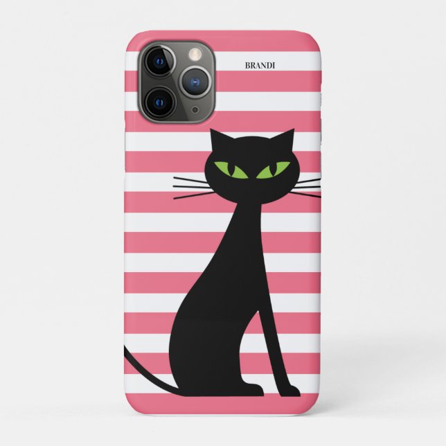 Capa Para iPhone 11 Pro Black Cat & Custom Name Pink Strips Modern (Verso)