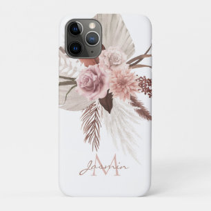 Capa Para iPhone 11 Pro Boho Blush Rosa Grama Pampas Floral Monograma