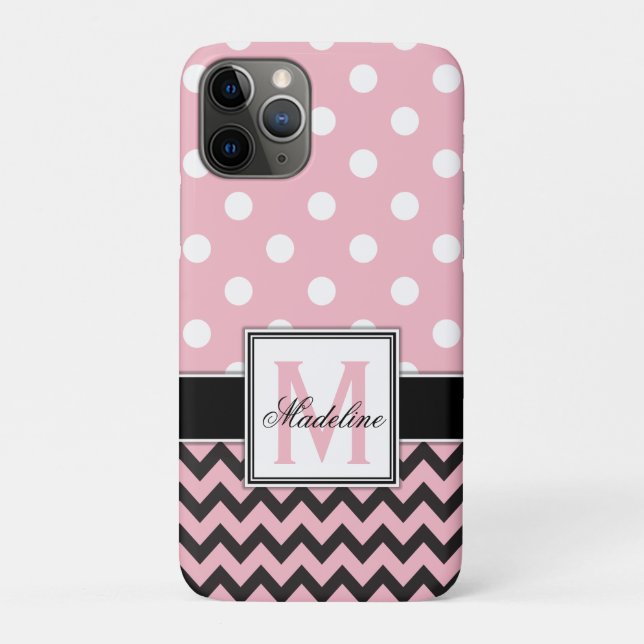 Capa Para iPhone 11 Pro Bolinhas cor-de-rosa e Mononograma Móvel Chevron (Verso)