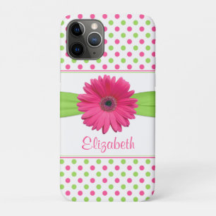 Capa Para iPhone 11 Pro Bolinhas Verde Rosa Gerbera Daisy