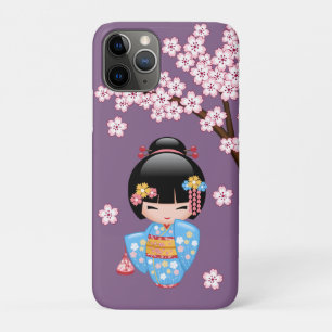 Capa Para iPhone 11 Pro Boneca Maiko Kokeshi - Rapariga Kimono Geisha Azul