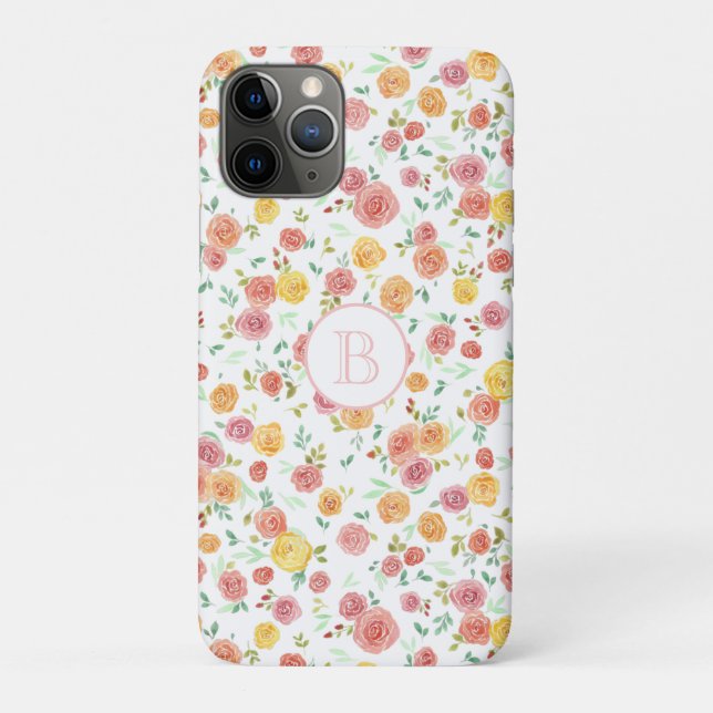 Capa Para iPhone 11 Pro Bonito Rosas Rosa com Monograma (Verso)