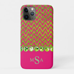 Capa Para iPhone 11 Pro Bonito Verde limão Rosa Bling Chevron Monograma