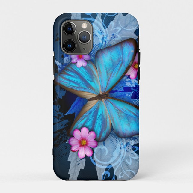 Capa Para iPhone 11 Pro Borboleta Azul (Pretty Blue Butterfly and Pink Flowers iPhone Case)