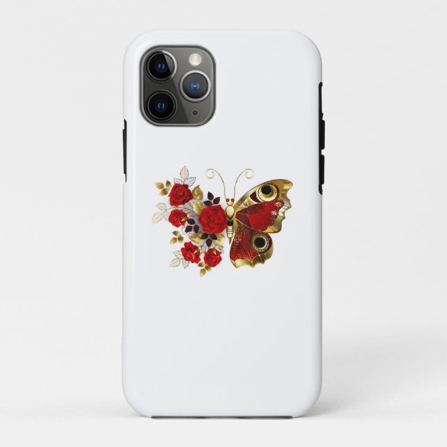 Capa Para iPhone 11 Pro Borboleta de flor vermelha com rosas vermelhas (Verso)