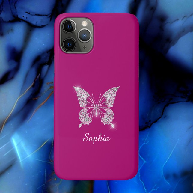 Capa Para iPhone 11 Pro Borboleta Diamante Branco, Nome em Letra, Fuchsia  (Criador carregado)