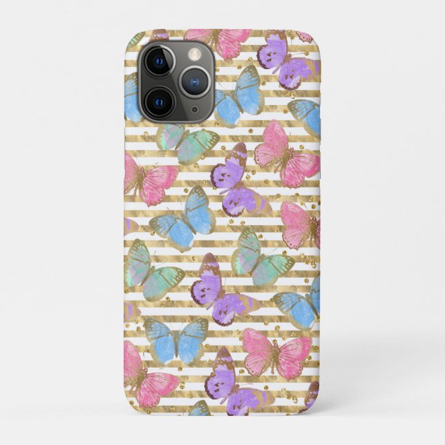 Capa Para iPhone 11 Pro Borboletas Aquarela Brilho Dourado (Verso)