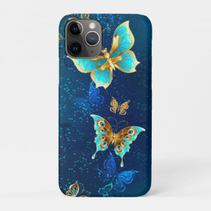 Capa Para iPhone 11 Pro Borboletas de Ouro em um fundo azul