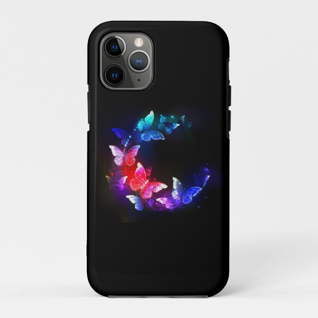 Capa Para iPhone 11 Pro Borboletas Neon Night brilhantes sobre fundo preto (Verso)