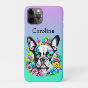 Capa Para iPhone 11 Pro Boston Terrier cercado por Flores Personalizadas