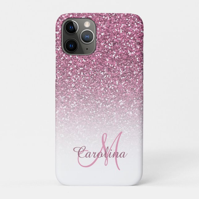 Capa Para iPhone 11 Pro Brilhante rosa, nome e monograma, Girly (Verso)