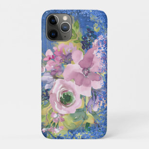 Capa Para iPhone 11 Pro Brilho Floral de Cor de Água de Blues de lavanda
