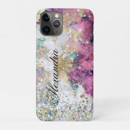 Capa Para iPhone 11 Pro Brilho Holográfico Mármore Rosa Dourado Único
