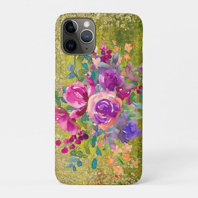 Capa Para iPhone 11 Pro Buquê de Flor de Aquarela em Verde Russo (Verso)