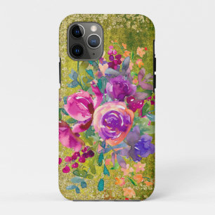 Capa Para iPhone 11 Pro Buquê de Flores Aquarela em Verde Rústico