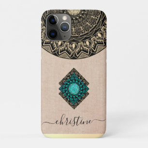 Capa Para iPhone 11 Pro Burlap bege preto dourado mandala nome em script r