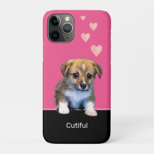 Capa Para iPhone 11 Pro Cachorro Corgi Fofo & Corações em Rosa e Preto