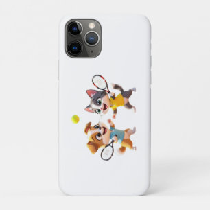 Capa Para iPhone 11 Pro Cachorro e Gato de Desenho Animado Fofo Jogando Pa