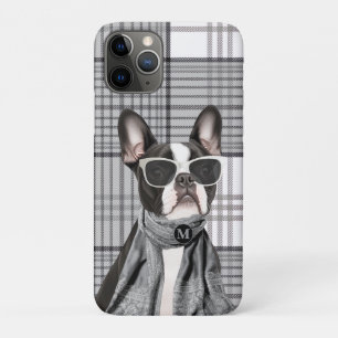 Capa Para iPhone 11 Pro Cachorro Stylish Boston Terrier e Xadrez Monograma