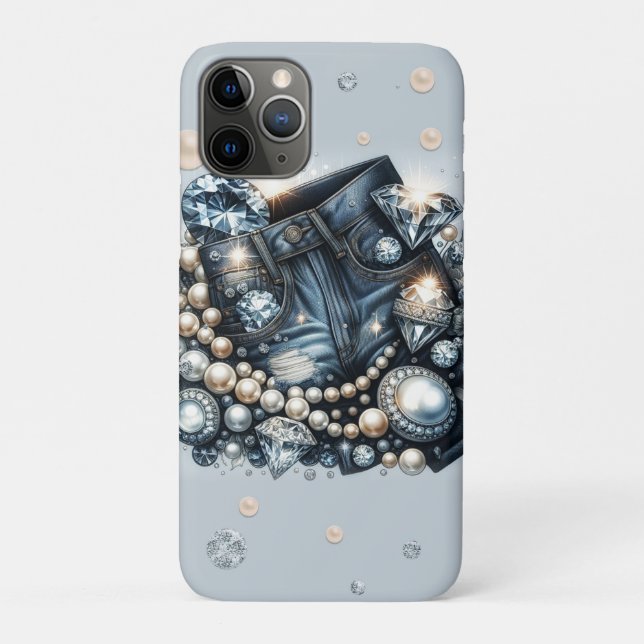 Capa Para iPhone 11 Pro Calças Denim Diamonds & Pearls Brilho (Verso)