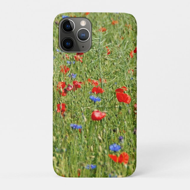 Capa Para iPhone 11 Pro Campo de Verão com flores vermelhas e azuis (Verso)