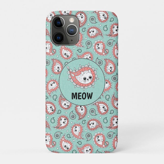 Capa Para iPhone 11 Pro Cat Paisley - Coral e Mint (Verso)