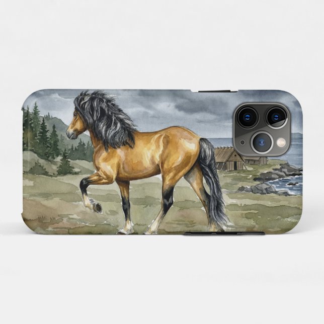 Capa Para iPhone 11 Pro Cavalo Islandês Stormur junto ao Mar (Verso (horizontal))
